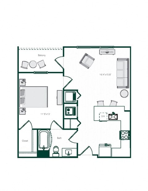 Floor plan for 1 bed, 1 bath, 713 sqft